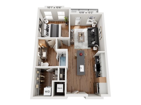 A top-down view of a small apartment layout with a kitchen, living room, and bathroom.